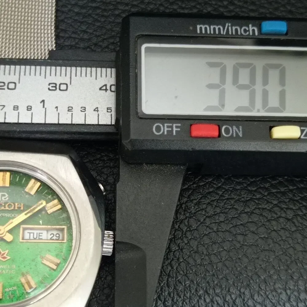 Vintage 1990 Ricoh Automatic Mens Silver Watch W/daydate & Green accents